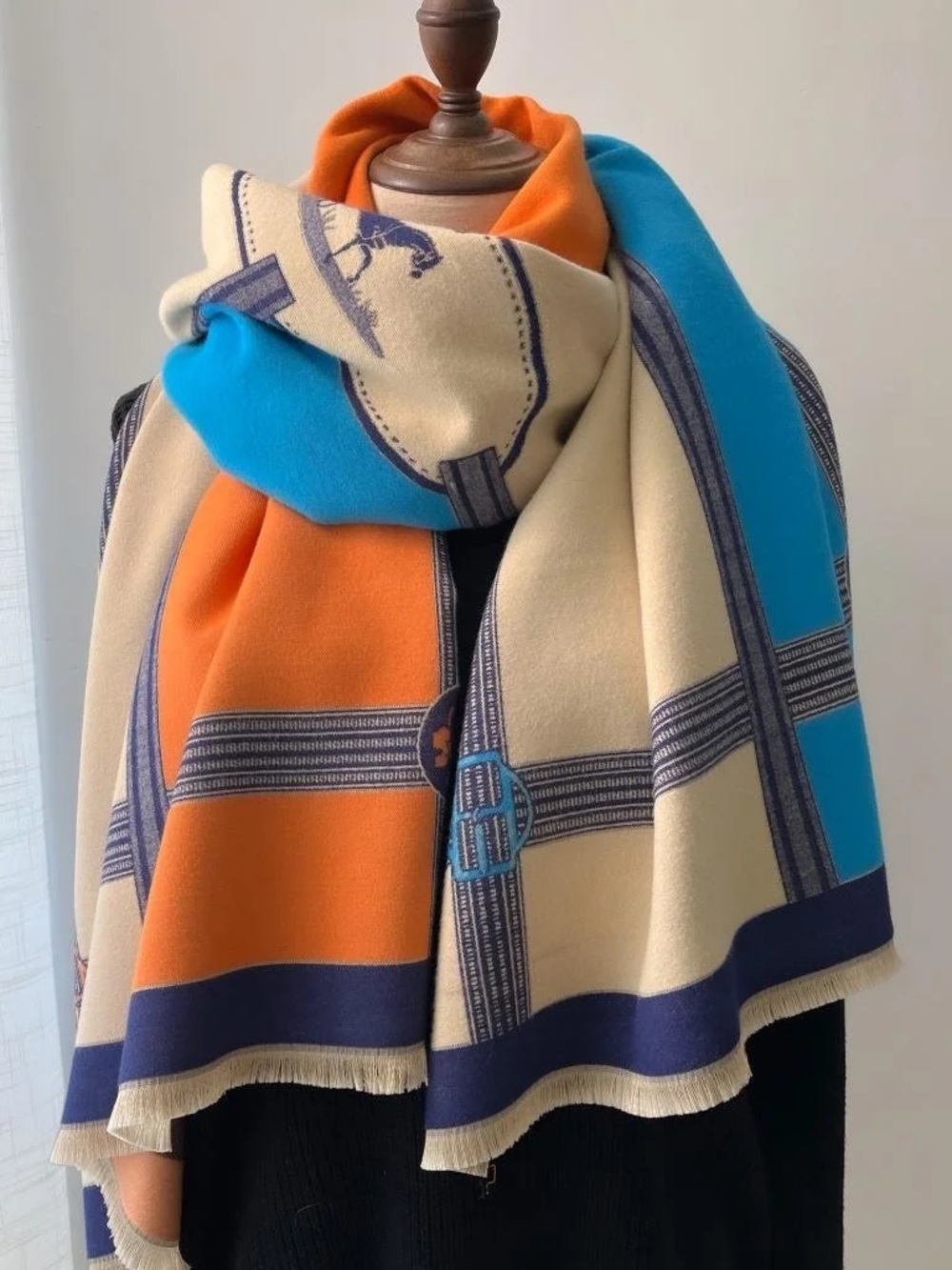 Cozy Colorblock Scarf/wrap/pashmina in Orange, Turquoise & Cream. Cashmere feel
